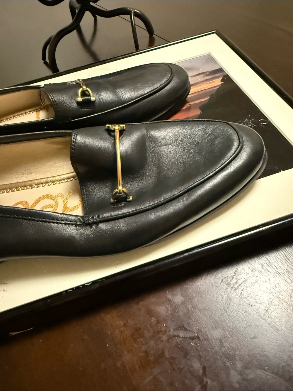 Sam Edelman Black Leather Espadrille-Style Loafers with Gold Accent - Picture 3 of 6